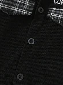 2pcs Young Boy Plaid Collar Patchwork Letter Embroidery Shirt + Black Pocket Pants Outfit Set - Multicolor - View 4