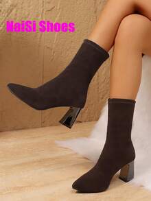 女士新款尖头粗跟弹力靴，绒面短靴，紧身靴，时尚高跟靴，百搭粗跟优雅靴，黑色靴子，棕色靴子 - 棕色 - 查看 3