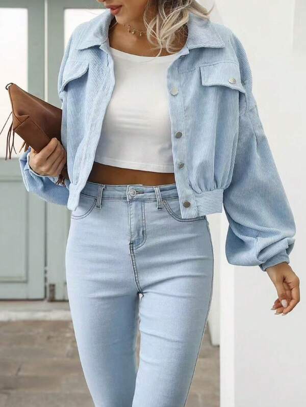 Jaqueta curta feminina casual de veludo cotelê com lapela e manga lanterna, abotoamento simples, outono/inverno