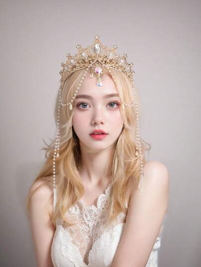 1件女士巴洛克流苏皇冠，优雅仿珍珠头饰，女神头冠，黑色复古服饰配饰，情人节配饰，婚礼发饰