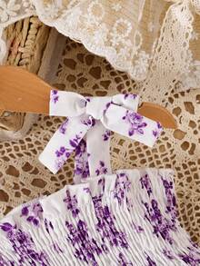 女婴花卉印花细肩带蝴蝶结荷叶边下摆连衣裙 - 紫色 - 查看 3