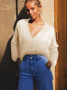 Cárdigan de punto casual de manga larga con cuello en V, hombros caídos y un solo botonadura, de estilo hueco, para otoño