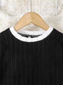 女童罗纹拉绒拼布长袖上衣和裤子两件套，秋季 - 黑色 - 查看 6