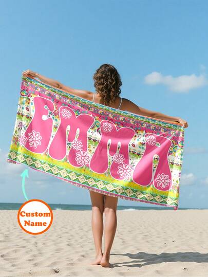 1pc Personalized Text Custom Beach Towel, Super Absorbent Swimming Towel, Comfortable Beach Towel, Fashionable Pool Towel, Exquisite Yoga Mat, Beach Accessories, Holiday Essential Gift, Multiple Sizes, Suitable For Men And Women