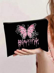 Bolsa de lona casual con estilo Y2k, con diseño de mariposa rosa y patrón de letra personalizado para mujeres. Equipada con una bolsa de maquillaje con cremallera negra, bolsa de almacenamiento casual portátil, bolsa de almacenamiento de artículos de tocador, bolsa de compras multifuncional, nuevo diseño, gran capacidad, muy adecuada para compras, bolso de hombro, bolso de mano, bolsa de almuerzo, lonchera, bolso cruzado, adecuada para hombres y mujeres, parejas, uso diario