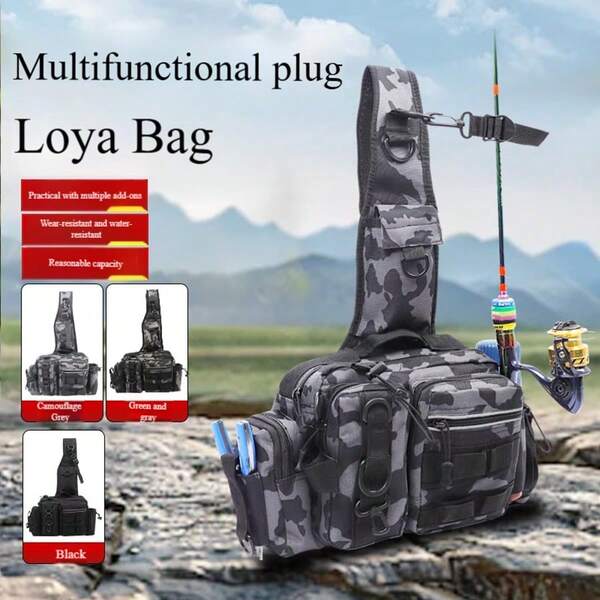 1 حقيبة أدوات صيد متعددة الأقسام مقاومة للماء بنقوش كامو وهندسية - خيارات ألوان سادة، إغلاق بسحاب، حزام كتف. مثالية لتخزين معدات التنزه والتخييم والصيد في الهواء الطلق