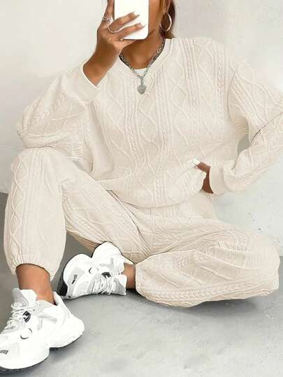 Women's Elegant Beige/Jacquard Front Button Plain Suit - Long Sleeve Sweater And Pants Combination, Universal For All Seasons, Office To Casual Fashion Two-Piece Suit - Soft For Everyday And Dressy Wear