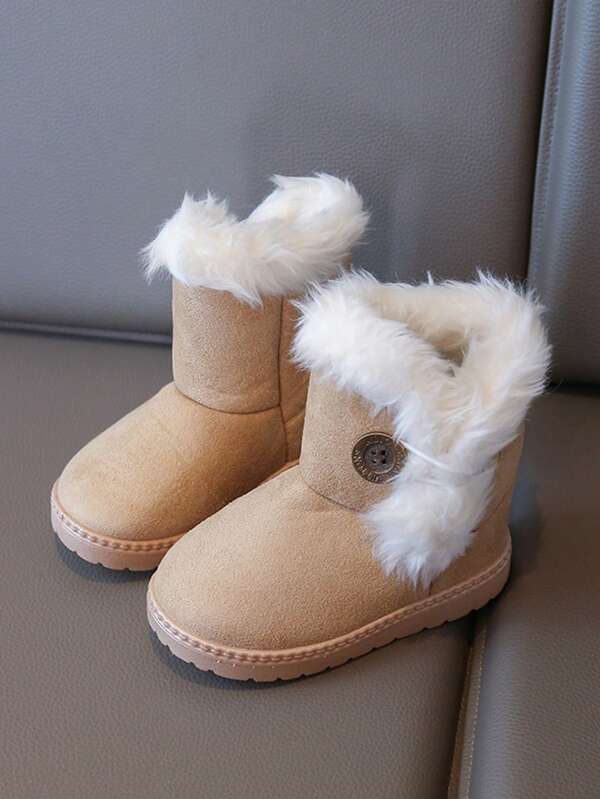 1 Pair Girls' Soft Sole Anti-Slip Snow Boots, Thermal Lined Warm Short Boots, Thick Toddler Fashion Furball Mid-Calf Boots, Versatile For Winter