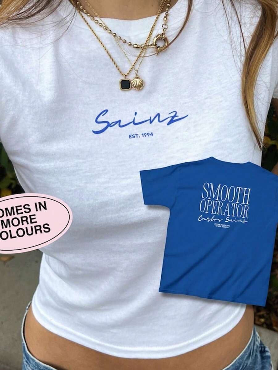 Carlos Sainz Shirt Vintage F1 Racing Womens Baby Tee Back Design Color Baby Tee Retro Car Enthusiast - 白色 - 查看 1