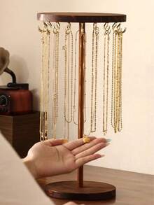 1pc Wooden Round Jewelry Display Stand, Walnut Color, Minimalist Design, Necklace, Pendant, Bracelet, Bangle Organizer, Christmas & Halloween Gift For Women