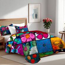 2/3pcs Flower Patchwork Print Quilt Set(1 Quilt + 1/2 Pillowcases), Machine Washable Durable Summer Bedding Set, 100% Polyester And Lightweight Bedspread Set, Breathable, All-Season, Stylish Room Decor, Holiday Gift - Flower Jigsaw Puzzle - View 4