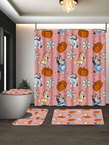 [Holiday Edition] 1/3/4pcs Bluey Family Cosplay Shower Curtain Set, Featuring Christmas Tree, Halloween Turkey Plaid Witch Hat, Bat Prints