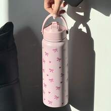 800ml Pink Insulated Water Bottle With Cute Bow And Heart Print - 304 Stainless Steel Coffee Cup With Portable Handle And Foldable Straw, Perfect Gift For Women, Sisters, And Girlfriends For Valentine's Day, Christmas, Back To School And New Year