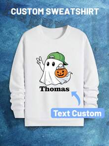 Personalized Plus Size Men's Cartoon Ghost Print Halloween Sweatshirt, Customizable With Name/Text, Loose Fit Casual Crew Neck Pullover For Autumn/Winter, Long Sleeve Top - White - View 3