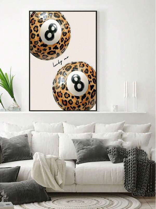 1pc Unframed Lucky 8 Leopard Pool Ball Preppy Art Poster Minimalist Y2K Dopamine Funky Girly Painting Canvas Print Wall Picture Ideal Gift For Dorm,Apartment,Living Room,Bedroom,Girls Room,Modern Home Decoration
