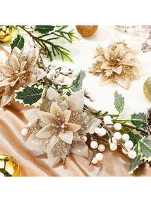 10 piezas Decoraciones de árbol de Navidad, hojas rojas con brillo estilo navideño, flores de Navidad artificiales, hojas rojas con brillo para decorar el árbol de Navidad, para Navidad, bodas, celebraciones festivas, decoración floral navideña, decoración de fiestas