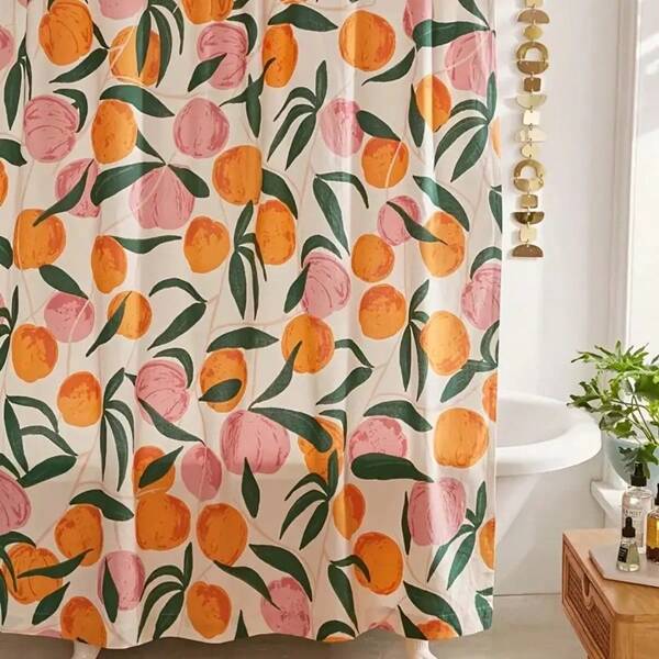 1pc Cartoon Peach Pattern Shower Curtain, Waterproof Polyester Fabric Shower Curtain With 12 Hooks, Machine Washable, Bathroom Decoration, Bathroom Accessories
