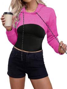 Women Crop Top Pullover Sweatshirt Long Sleeve Drawstring Hoodie - Hot Pink - View 6