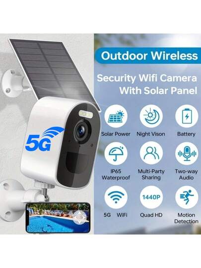 5G Wireless WiFi Outdoor Security Camera, 2K 4MP Night Vision Spotlight, Solar Powered Battery, Human Detection, Panel, PIR Motion Two Way Audio, Floodlight Camera Home