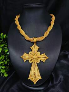 1pc Cross Pendant Necklace, Gold Color, Suitable For Bride, Wedding, Party, Daily Wear, Holiday Gift - Yellow Gold - View 2