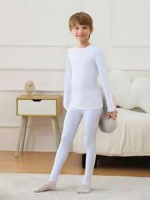 Tween Boys' Thermal Underwear Set (8Y-12Y / 120cm-160cm) - Round Neck Long Sleeve Top & Pants, White | Thermal Lined, Ultra Warm & Breathable | Slim Fit For Home Play, School Runs, Ski Trips | Anti-Static, Quick-Dry | Winter/Christmas Essential