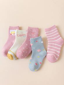 5 Pairs Girls' Wool Blend Mid-Calf Socks, Solid Colors, Contrast Colors, Cartoon Letters, Polka Dots, Bows, Stripes, Suitable For Autumn & Winter, Soft, Warm, Thick, Simple, Cute, Fashionable, Versatile For Daily Wear
