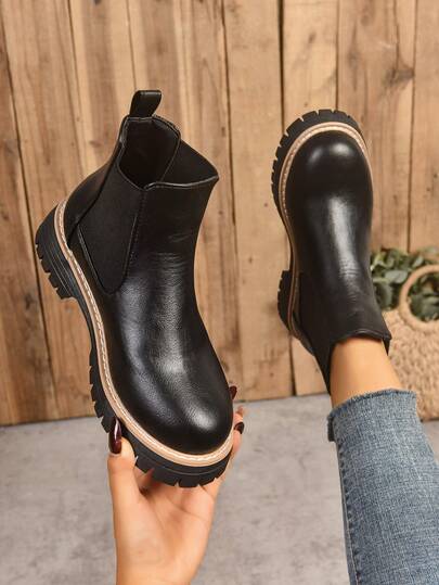 Solid Color Retro Boots, Autumn/Winter Leather Boots, Chelsea Ankle Boots, Soft Sole, British Style Business, Slip-On, Suitable For Holiday & Home, Boots For Women