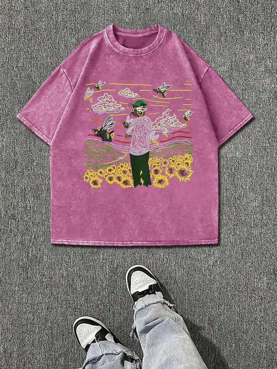 Yuega Tshrit 1pc230g Washed, Photo Printed T-Shirt, High-Quality Wax Printed Cotton Retro Fashion Brand T-Shirt, Men's T-Shirt, Beach Essential, Summer T-Shirt, Holiday Gift, Perfect GiftSummer Clothing Tops - 玫紅色 - 查看 1
