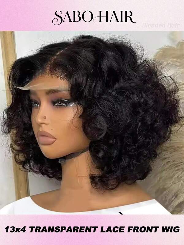 Peruca de renda frontal com ondas profundas, 14 polegadas, densidade 200%, 13x4, 13x6, 5x5, sem cola, perucas bob, cabelo humano misto com fibra transparente, cor preta natural, pré-selecionada com cabelo de bebê, 28 polegadas de comprimento