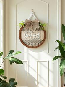 1pc Green Leaf Bow Wooden Door Sign Plaque, English Text Wall Hanging Decor (9.06 Inch Round), Suitable For Entrance, Wall, Room, Home, Living Room, Bedroom, Thanksgiving, Christmas Gift For Friends And Family