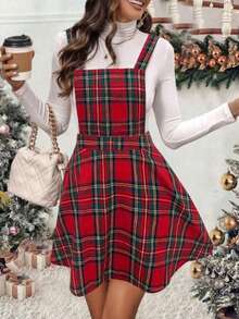 Women's Retro Plaid Suspender Casual Short Dress, Fashionable & Elegant, Autumn/Winter - Red - View 2