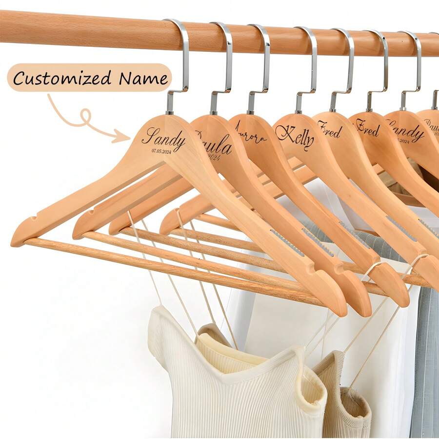 Personalized Thick Wooden Clothes Hanger, Customizable Engraved Text, Suitable For Bride/Groomsmen Attire, Bridesmaid Gifts, Mother's Day/Father's Day, Handmade, Solid Wood, Housewarming Gift - Multicolor - View 1