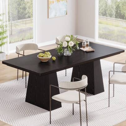 LITTLE TREE 6 Seater Dining Table For Family Gatherings, Modern Rectangular Wood Table With Heavy Duty Legs, Easy Clean Black Furniture For Kitchen, Open Plan Living Room And Home Office