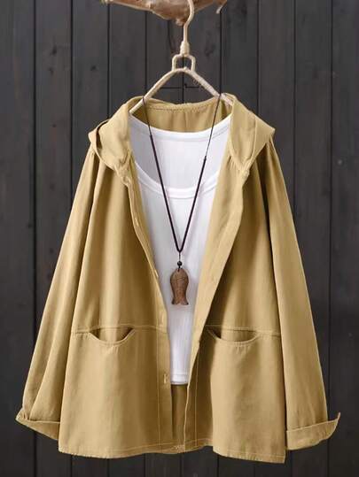 Sudadera con capucha de talla grande, unicolor, con bolsillo delantero, botones y cremallera