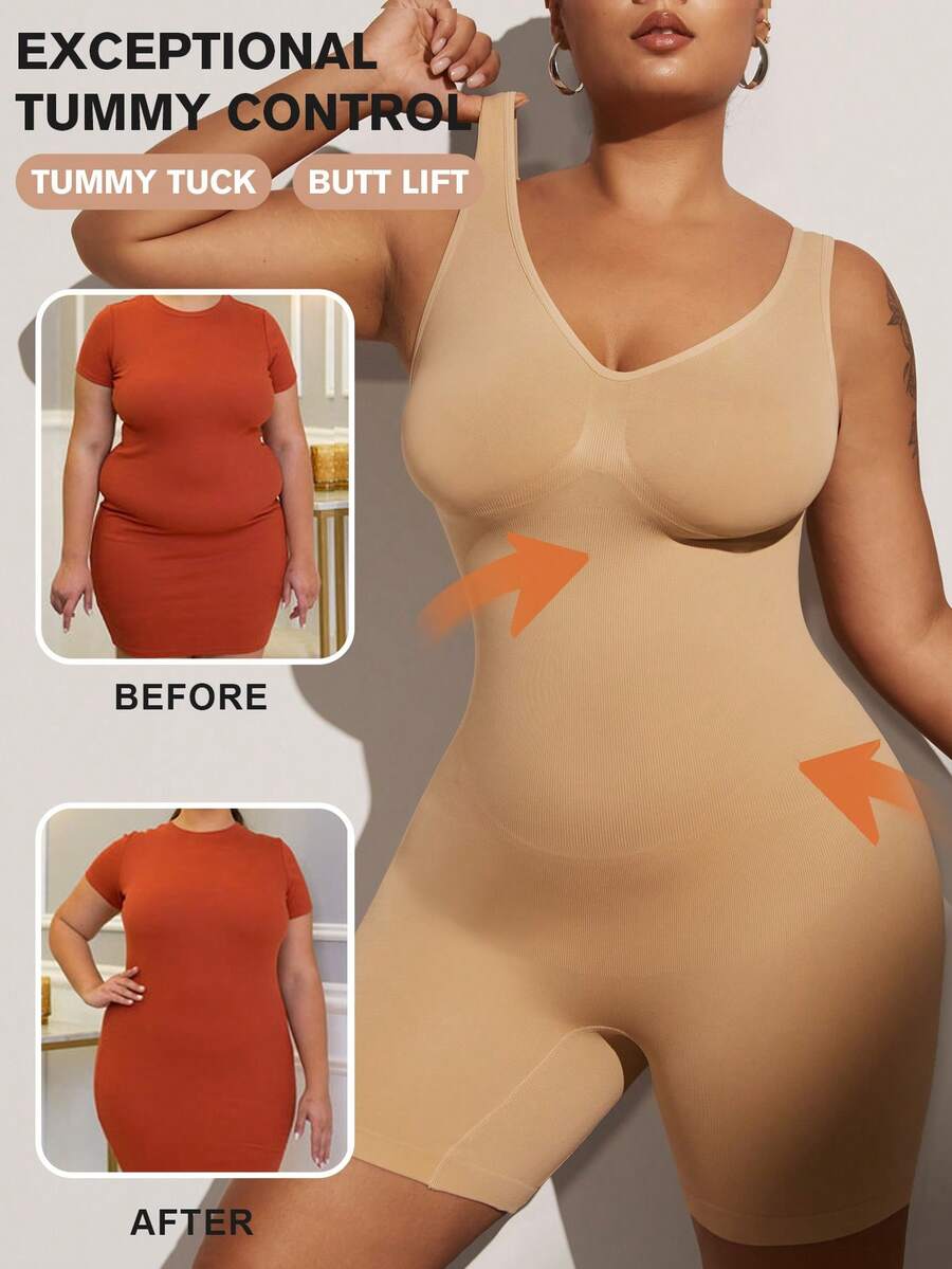 1 pièce Combinaison sculptante sans couture pour femmes grande taille, couleur noire, sculptage de la taille, soutien du buste, contrôle du ventre, gaine corporelle une pièce - Nude - Voir 1