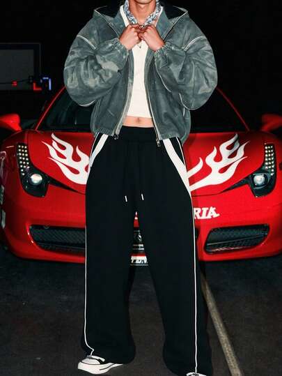 بنطلون رجالي كاجوال فضفاض بساق مستقيمة مع رباط، تصميم لوحة ألوان، مناسب للربيع والخريف، ملابس الشارع