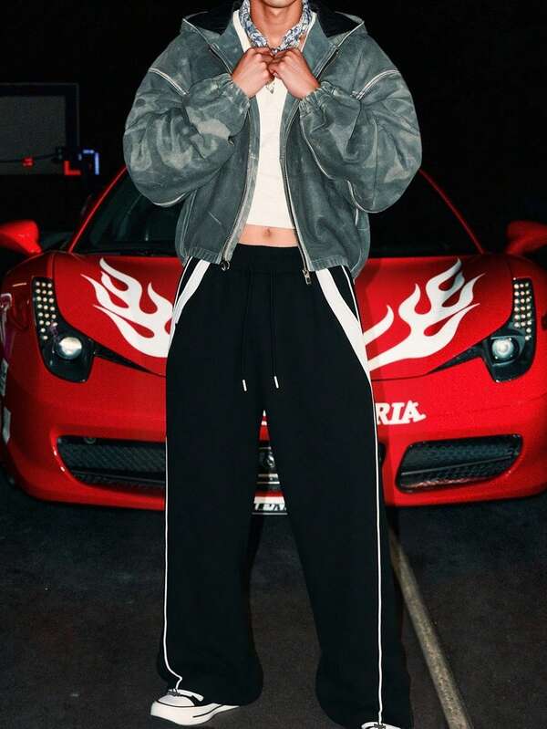 Pantalon décontracté ample à jambes droites avec cordon de serrage, design patchwork bicolore, convient pour le printemps et l'automne, streetwear