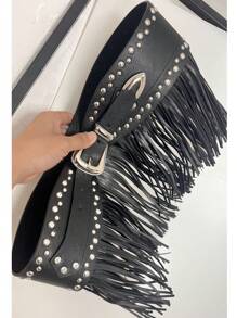 Amber Gradient Fringe Rivet Wide Waist Belt, Versatile Streetwear Accessory, Mecha-Inspired Waist Belt, Celebrity Same Style Leather Belt, Fashionable Waist Skirt - Multicolor - View 10