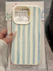 1pc Wavy Blue Striped Personalized Pattern White Litchi Texture Full Coverage TPU Shockproof Phone Case Compatible With IPhone 16, 15, 14, 13, 12, 11, 17 Pro Max