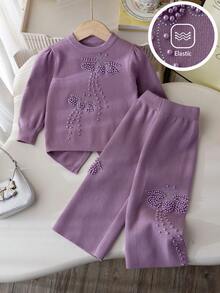 2pcs Set: 1pc Girls Elegant Beaded Butterfly Knit Sweater Top And 1pc Beaded Butterfly Knit Sweater Pants Set, Suitable For Casual Everyday Wear, Spring/Autumn/Winter - Purple - View 1