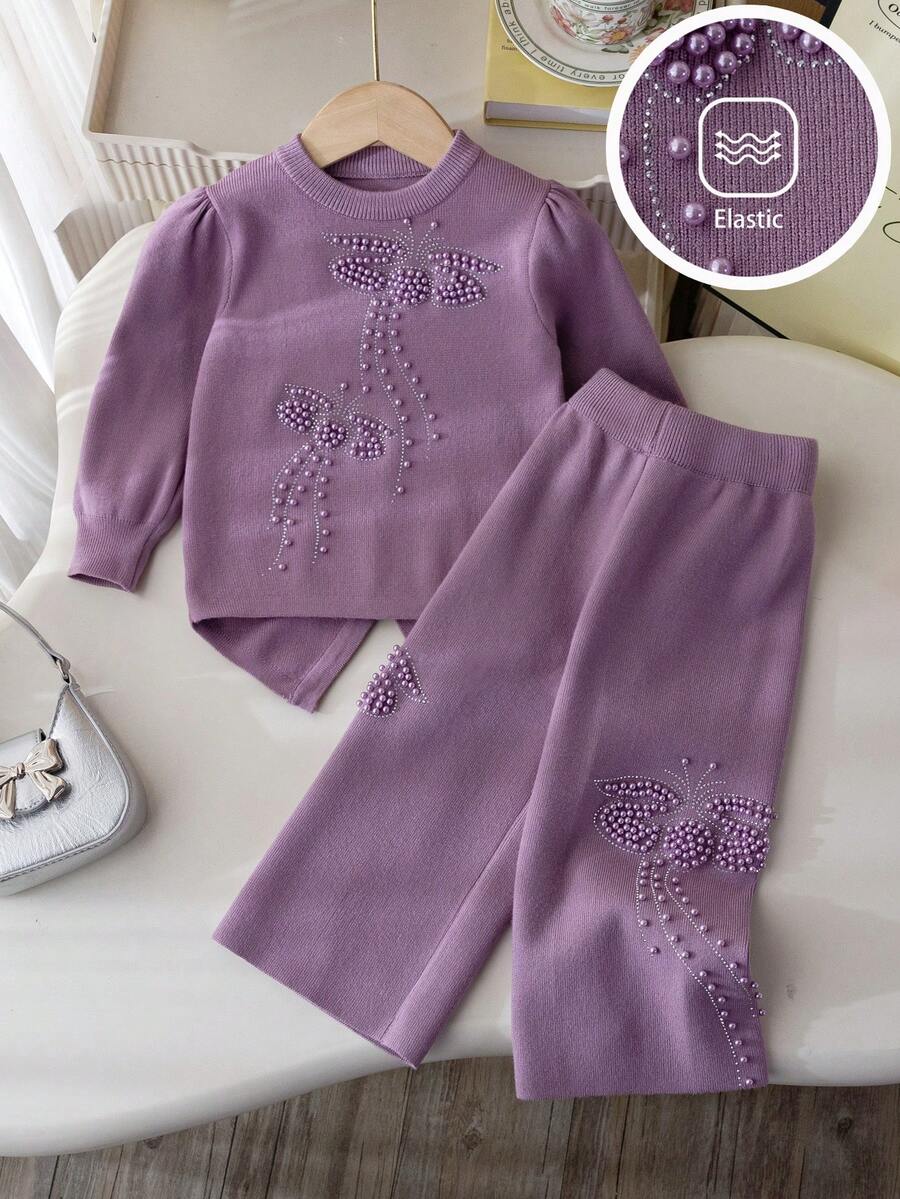 2pcs Set: 1pc Girls Elegant Beaded Butterfly Knit Sweater Top And 1pc Beaded Butterfly Knit Sweater Pants Set, Suitable For Casual Everyday Wear, Spring/Autumn/Winter - Purple - View 1