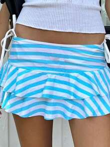 Women's Layered Pleated Mini Skirt, Summer Polka Dot/Stripe/Heart-Shaped Print/Solid Color High Waisted Short Skirt, Suitable For School Season - 藍色 - 查看 1