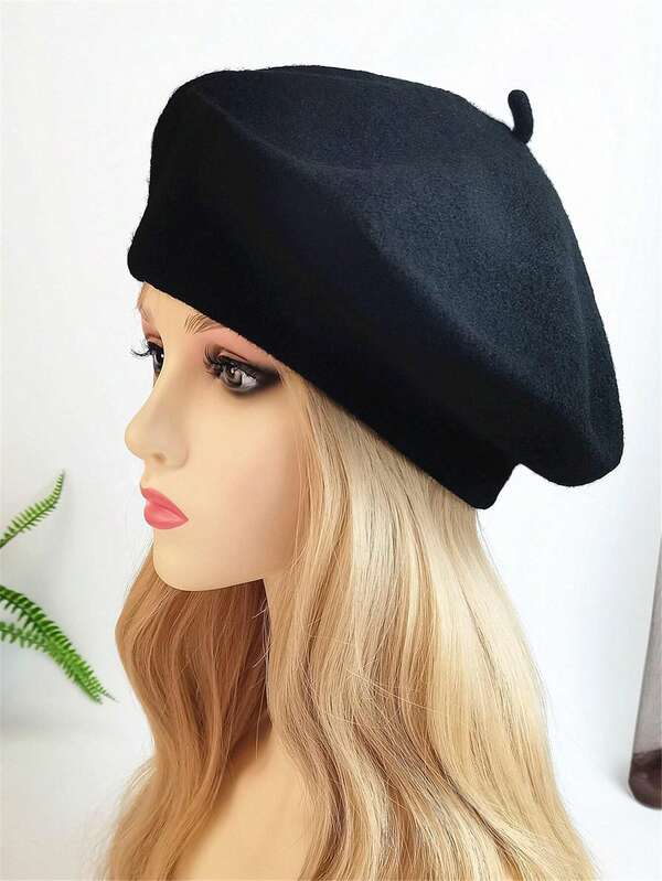 1 Stück Damen Herbst/Winter modischer gestrickter Barett Hut, Retro einfarbige Künstlermütze, geeignet für den täglichen Gebrauch