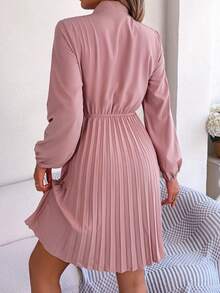 Women Fall Vacation Elegance V Neck Solid Tie Waist Ruffle Hem Pleated Midi Dress Long Sleeve Wedding Dress Pink - 淺粉色 - 查看 2