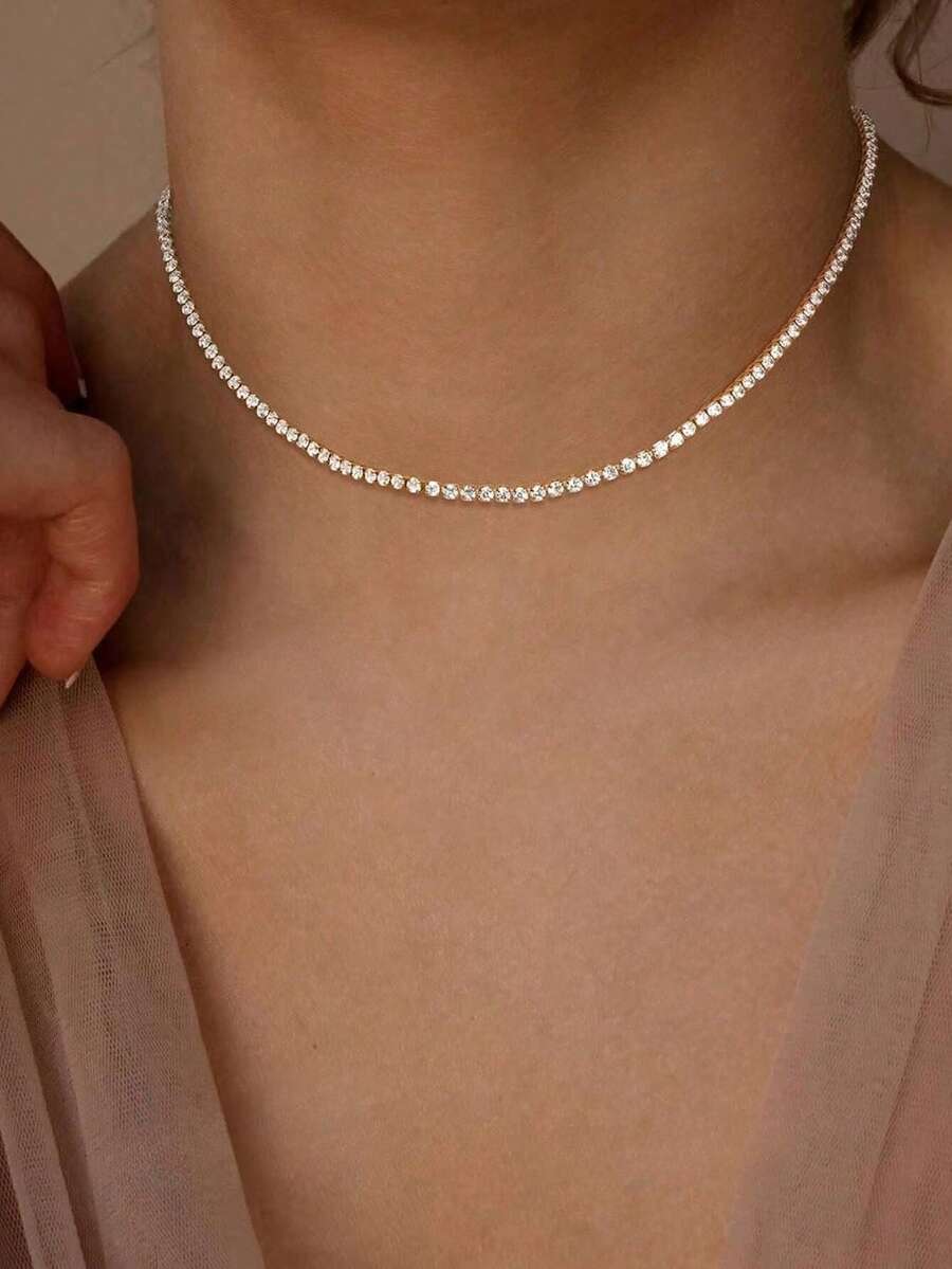 قلادة تنس للنساء، قلادة مطلية بالذهب عيار 14 قيراط مرصعة بالزركونيا التشيكية، مناسبة لتناسق مجوهرات المرأة اليومية