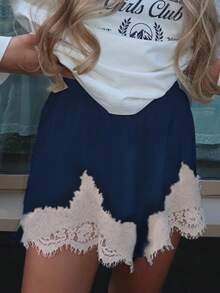 Women Satin Silk Shorts Lace Trim Patchwork Mini Micro Shorts Silky Low Rise Coquette Lounge Slip Bottoms - 深色水洗藍 - 查看 2