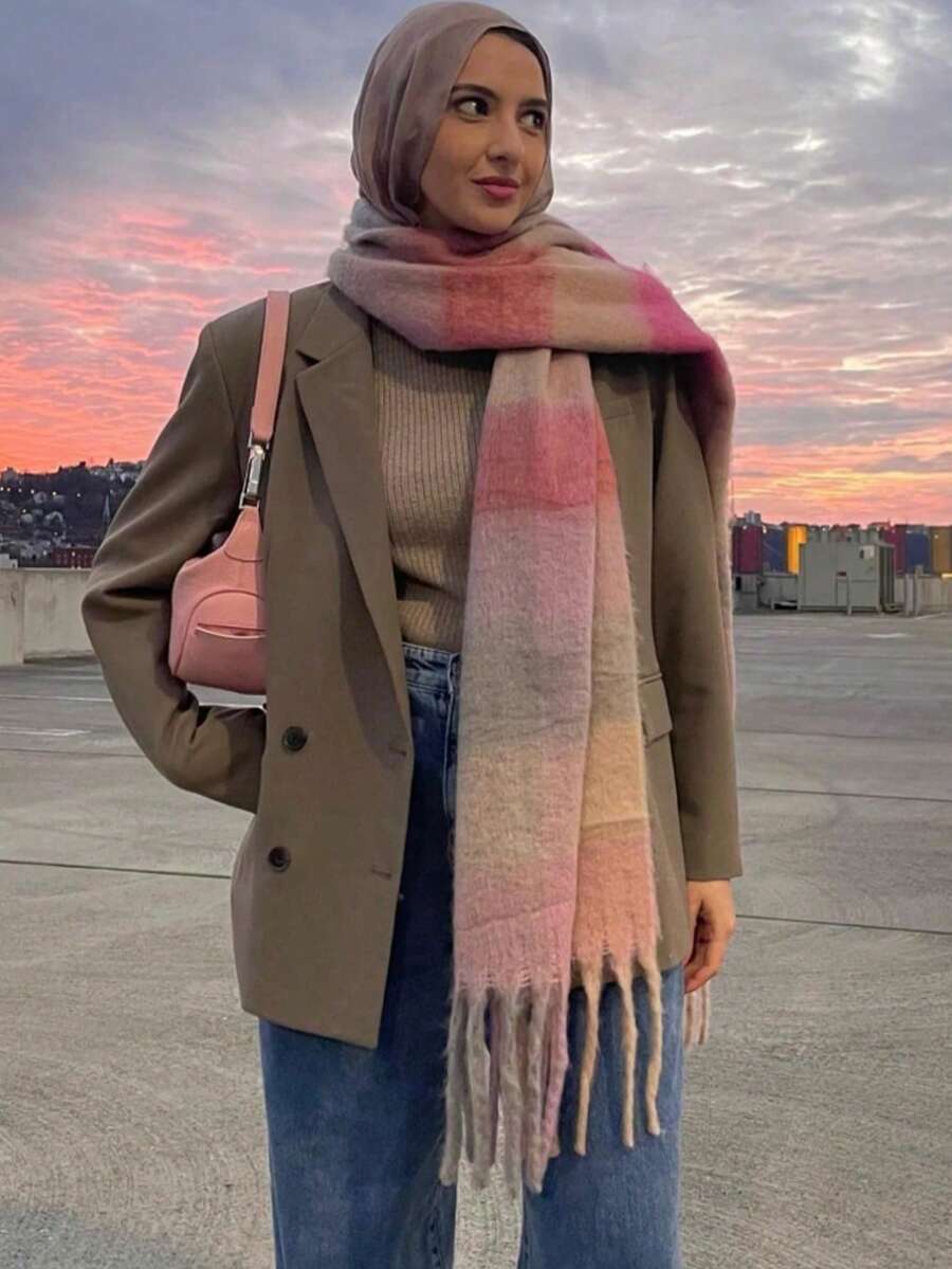 1pc Small Plaid Scarf, Soft & Warm For Autumn/Winter Women Winter Scarves For Dress - Pink - View 1