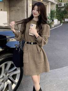 2025新款纯色腰部口袋休闲家居长袖针织连衣裙，女款，秋冬季