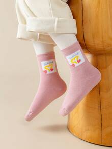 5 Pairs Girls' Wool Blend Mid-Calf Socks, Solid Colors, Contrast Colors, Cartoon Letters, Polka Dots, Bows, Stripes, Suitable For Autumn & Winter, Soft, Warm, Thick, Simple, Cute, Fashionable, Versatile For Daily Wear