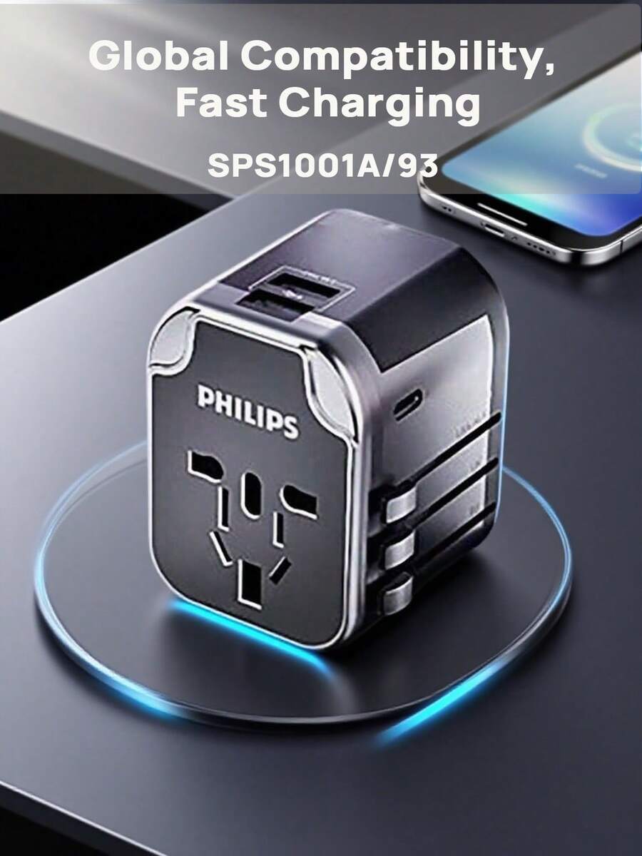 PHILIPS Universal Travel Adapter SPS1001A/93, Lightweight & Portable, Fast Charging, Upgraded USB Charging Power, 2-In-1 Design, Suitable For UK, US, Europe, Japan, Australia And Other Countries, AU Plug (220-240V) - View 1